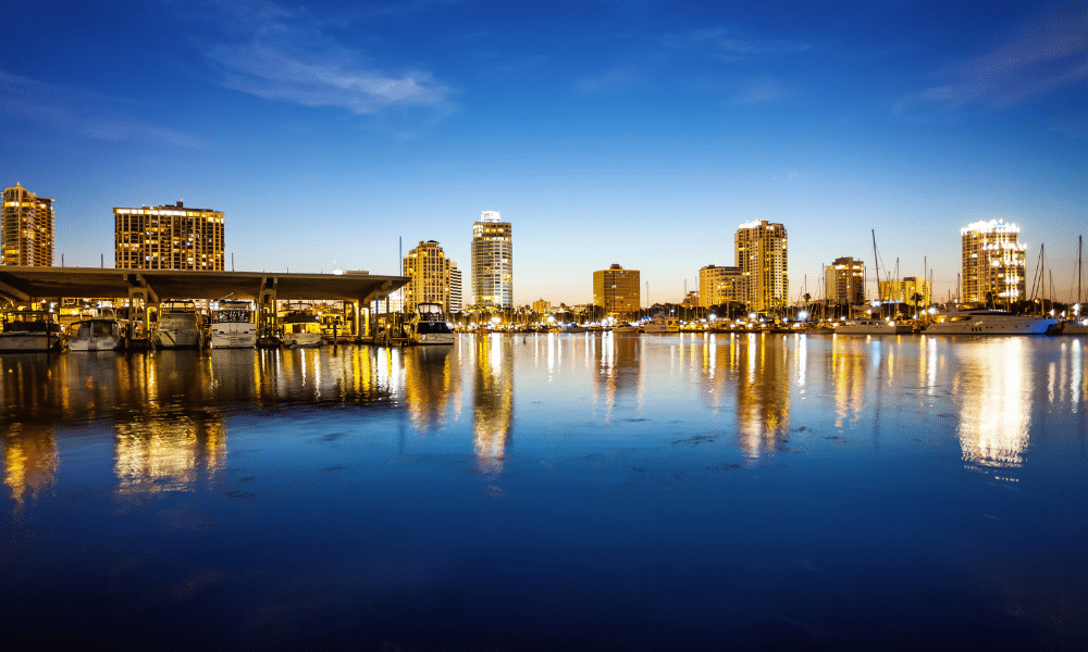 a bridge over a body of water with a city in the background