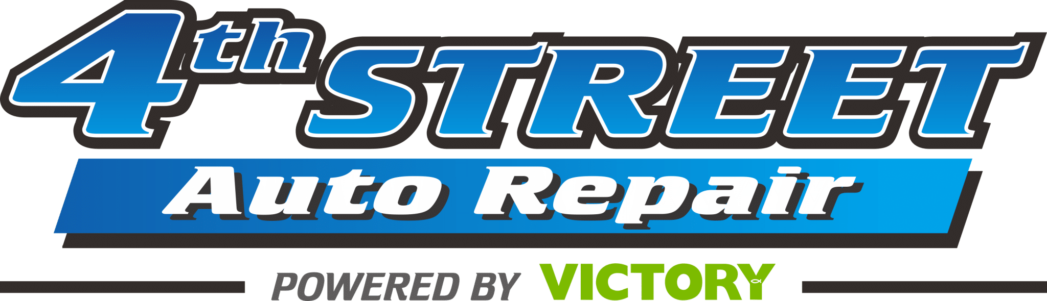 Logo of 4th Street Auto Repair, a service powered by Victory, featuring bold blue and white text.
