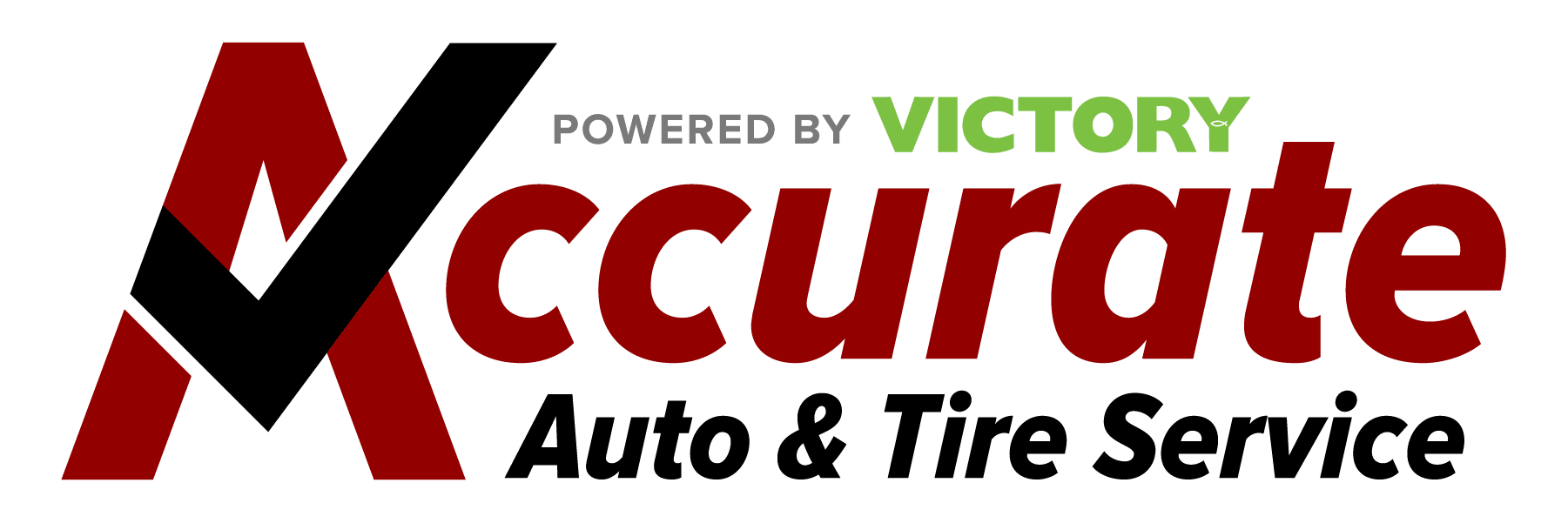 Victory Accurate Auto & Tire Service logo featuring stylized text and checkmark.