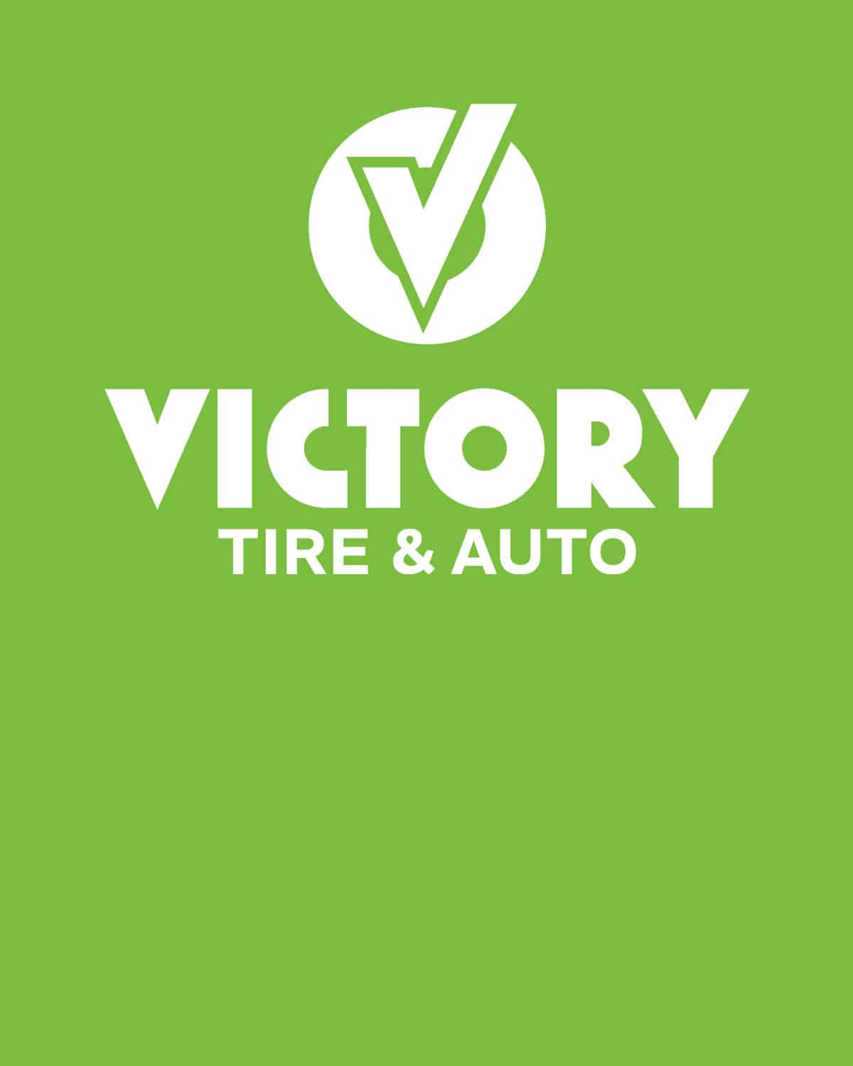 Victory Tire & Auto logo on a green background with white lettering and a checkmark design.