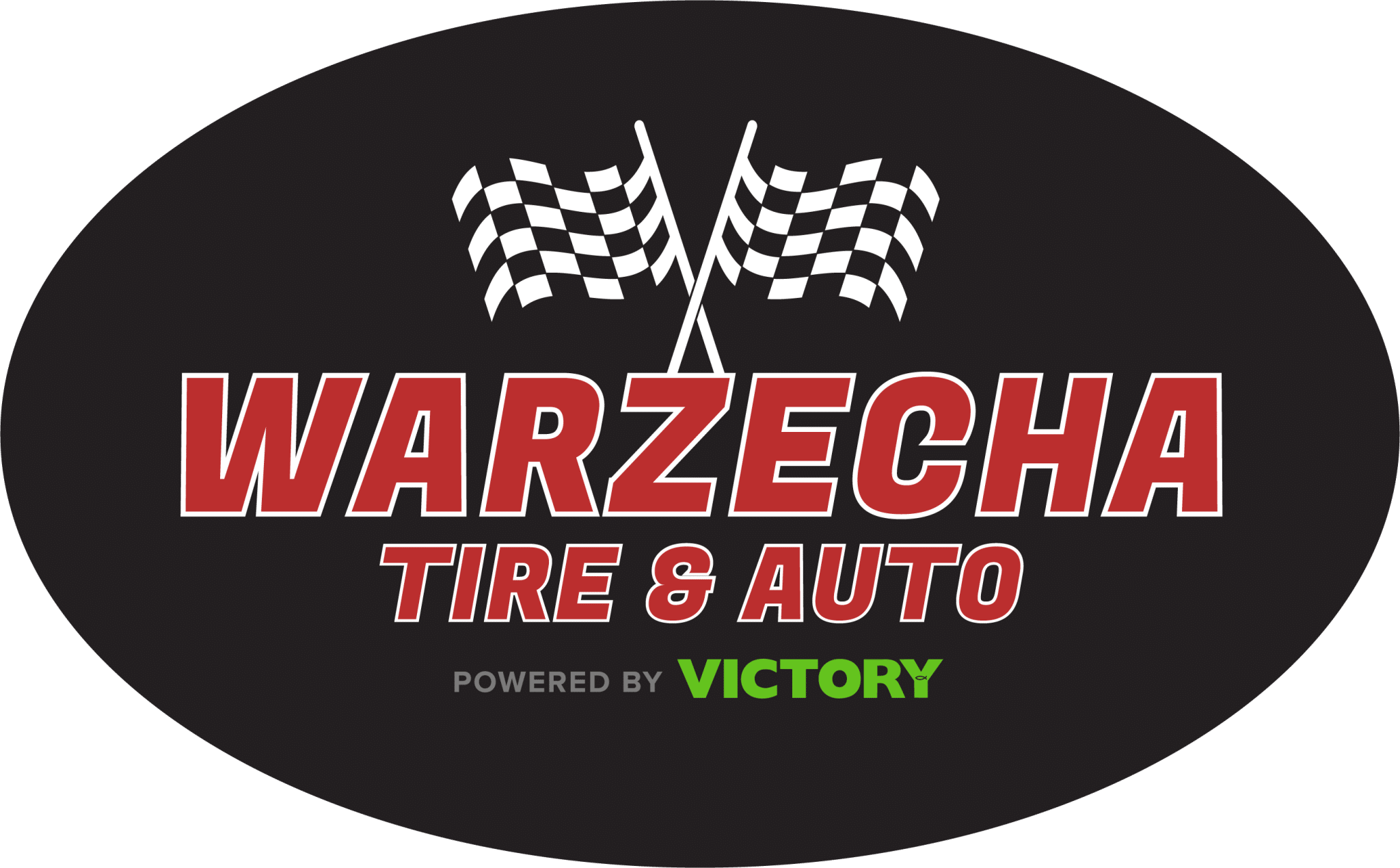 Warzecha Tire & Auto logo with checkered flags and 'Powered by Victory' text on black background.