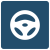 Icon of a white steering wheel on a blue background, representing driving or navigation controls.